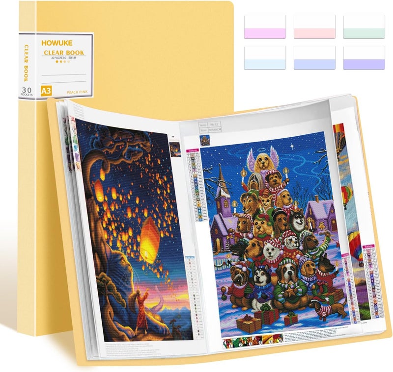 HOWUKE A3 Diamond Painting Storage Book, 60 Views Art Portfolio Presentations Folder with 30 Pages Protectors, 17.3x12.8in Yellow - Image 1